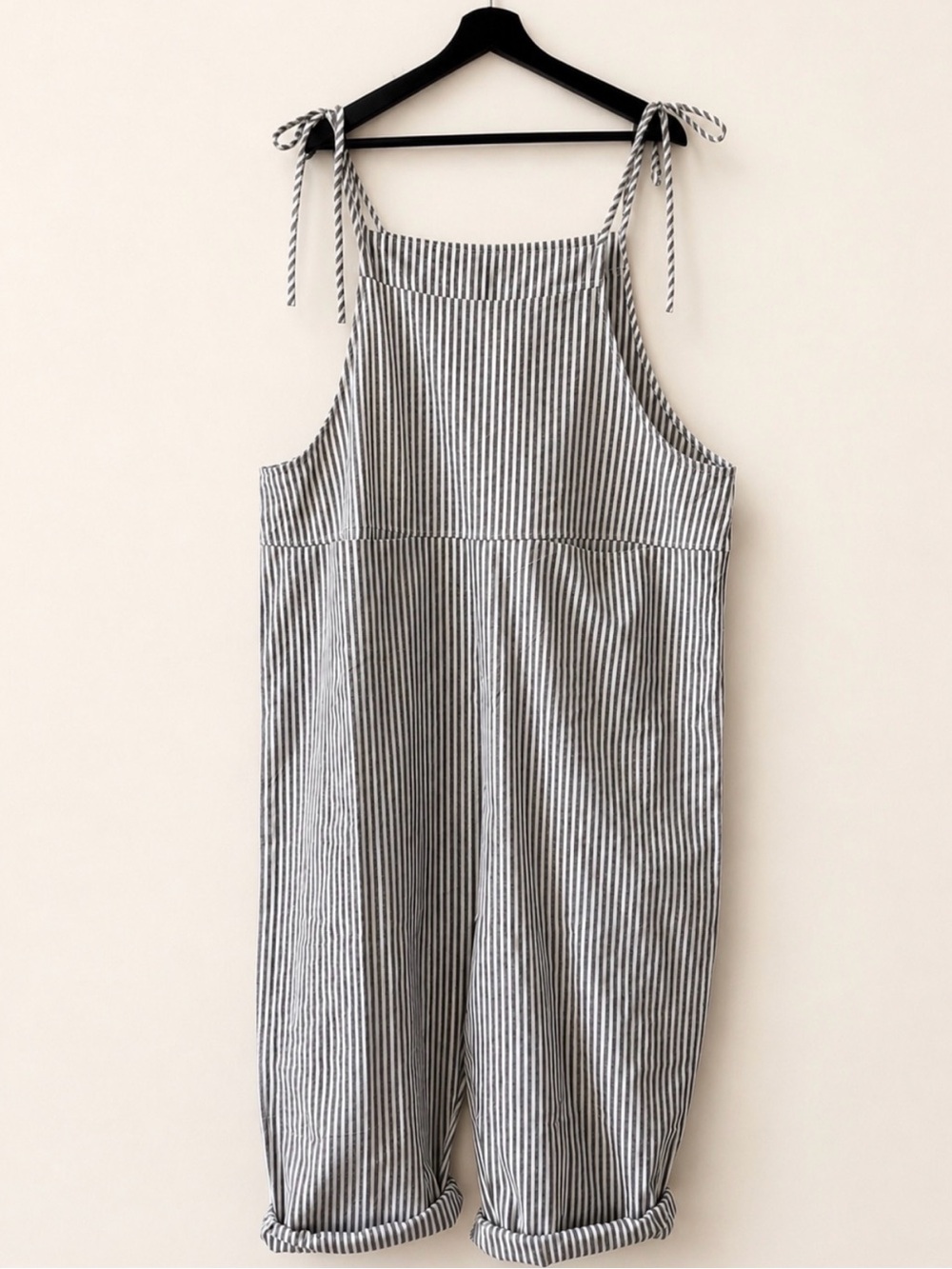 Linen Cotton Striped Tie Strap Overalls Wide Leg Slouchy 2XL Jumpsuit